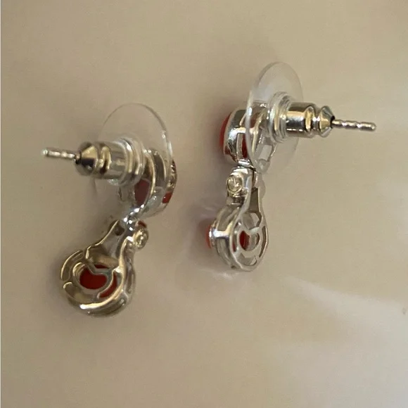 NWT Mediterranean Coral & White Zircon Earrings in Platinum over .925 Sterling